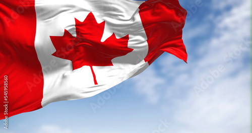Photography Canada national flag waving in the wind on a clear day
