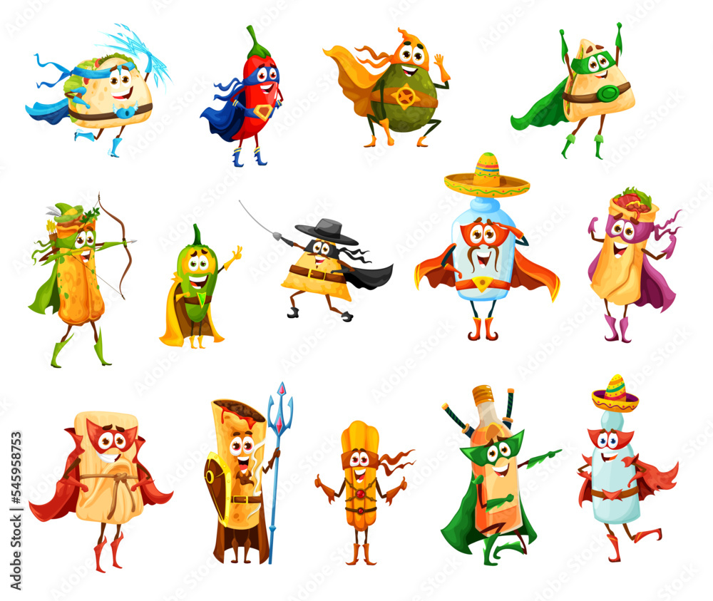 Tex mex mexican food superhero and defender characters. Isolated vector tacos, burrito, chili pepper and nachos, enchiladas, jalapeno, tamale and chimichanga with tequila, churros, mezcal and pulque Tex mex mexican food superhero and defender characters. Isolated vector tacos, burrito, chili pepper and nachos, enchiladas, jalapeno, tamale and chimichanga with tequila, churros, mezcal and pulque