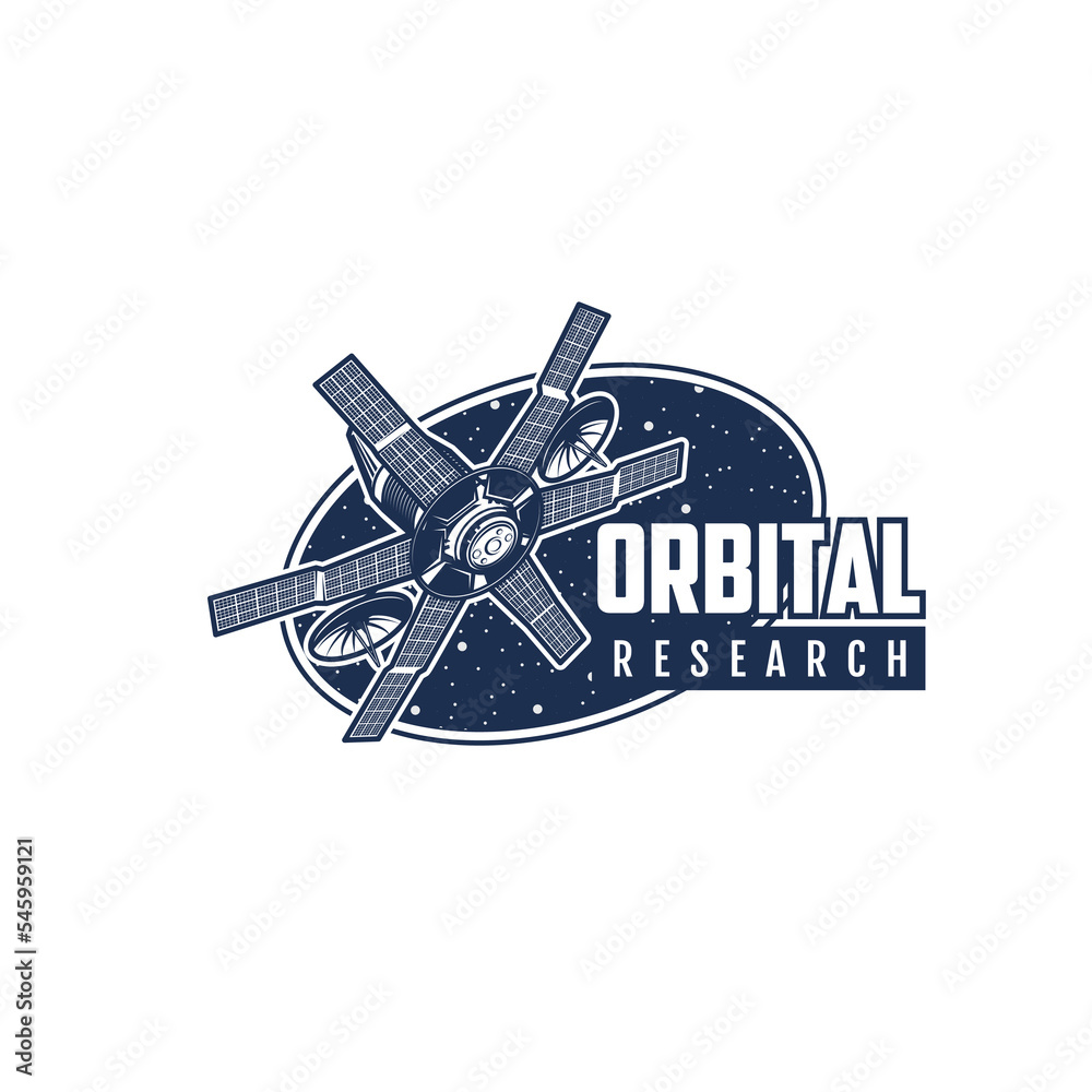Orbital research icon. Space exploration program or mission vintage symbol, cosmos research with orbital station retro icon or vector emblem with communication, navigation or weather satellite - obrazy, fototapety, plakaty 