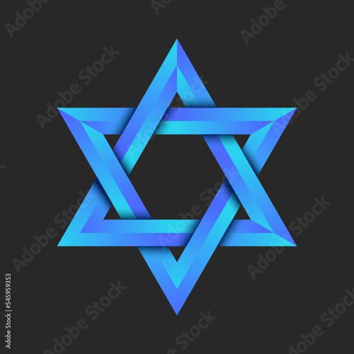 Star of David is a symbol of both Jewish identity and Judaism 3d effect shape. Geometric shape is that of a hexagram the compound of two equilateral triangles blue gradient, creative faceted shape.