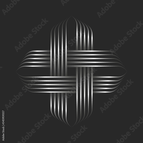 Cross shape logo line art style, metallic gradient creative form logotype smooth parallel intersection thin lines striped pattern.