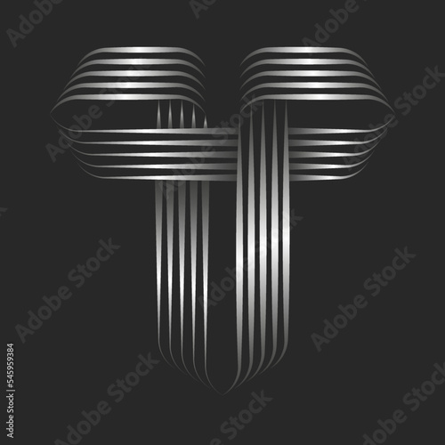 Monogram T shape letter logo initial silver gradient parallel thin lines, metallic striped pattern from smooth thin stripes, typographic decoration calligraphy.