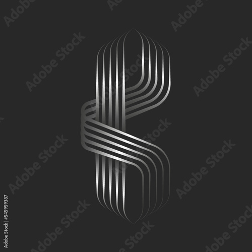 Letter B logo initial monogram silver parallel thin lines with 3d effect, metallic gradient weaving ribbons from smooth thin stripes, typography calligraphic design element.