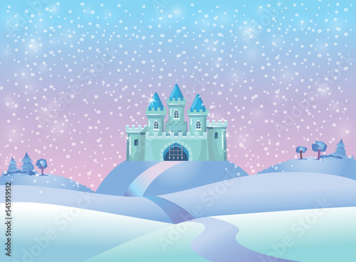 Christmas greeting card in vintage style with ice princess castle