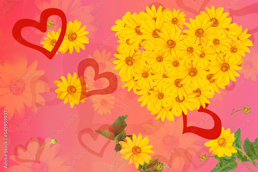 Festive background with yellow flowers and flower heart Festive background with yellow flowers and flower heart