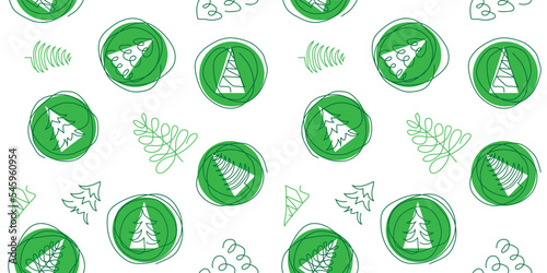 Xmas green pattern, christmas pine trees seamless vector pattern. One continuous line art drawing. Simple green Christmas trees pattern