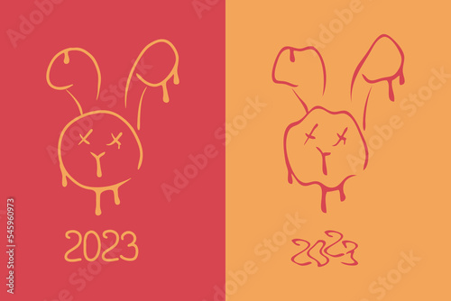 Trendy distorted melting bunny faces and numbers 2023 print collection. Perfect for T-shirt, print, poster. Vector illustration for decor and design.