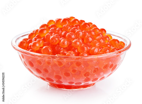 Artificial fake red caviar in glass bowl isolated on white background. With clipping path.