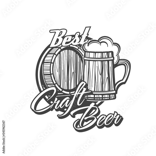Craft beer brewery icon with tankard and barrel. Beer pub, bar or local brewery manufacture monochrome vector emblem, retro icon with beer foam on wooden mug, keg and vintage typography