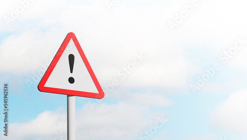 Exclamation point of attention against the sky. triangular sign. Danger, warning. 3D illustration.