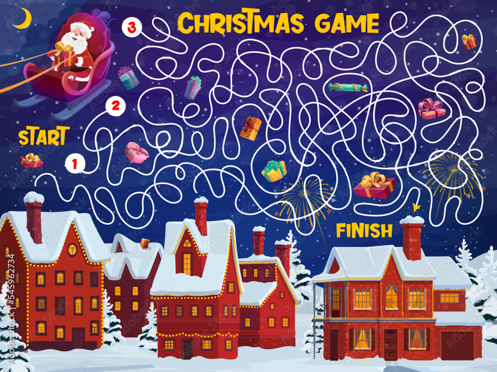 Christmas labyrinth maze, help Santa to deliver gifts, vector kids game worksheet. Santa on sleigh with gifts bag to find way to deliver Christmas gifts to village town, labyrinth maze puzzle quiz Christmas labyrinth maze, help Santa to deliver gifts, vector kids game worksheet. Santa on sleigh with gifts bag to find way to deliver Christmas gifts to village town, labyrinth maze puzzle quiz
