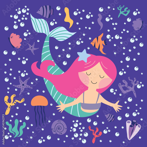 Cartoon beautiful mermaid with developing hair in seashells, algae, bubbles. Siren. Marine theme. Hand drawn, detailed vector illustration EPS