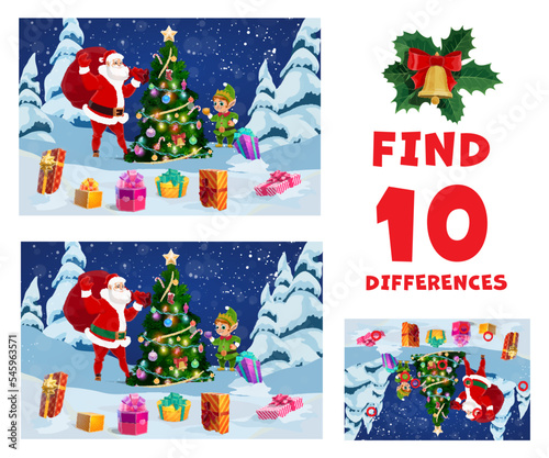 Find ten differences, Christmas kids game quiz, vector cartoon winter holiday puzzle. Santa with gifts at Christmas tree and elf on kids puzzle worksheet to find difference on pictures