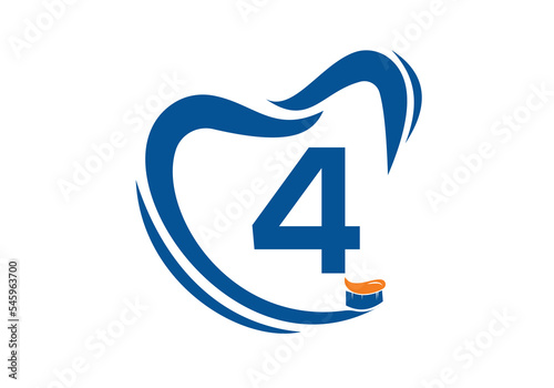 Letter 4 Dental Logo Design Template Inspiration With Tooth Brush Symbol, Vector Illustration.