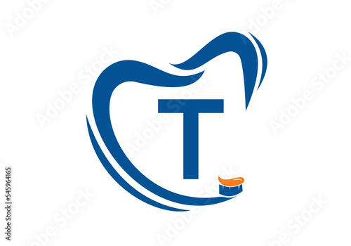 Letter T Dental Logo Design Template Inspiration With Tooth Brush Symbol, Vector Illustration.