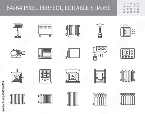 Heaters line icons. Vector illustration include icon - electric fireplace, pellet stove, thermostat, convector radiator outline pictogram for interior climate. 64x64 Pixel Perfect, Editable Stroke