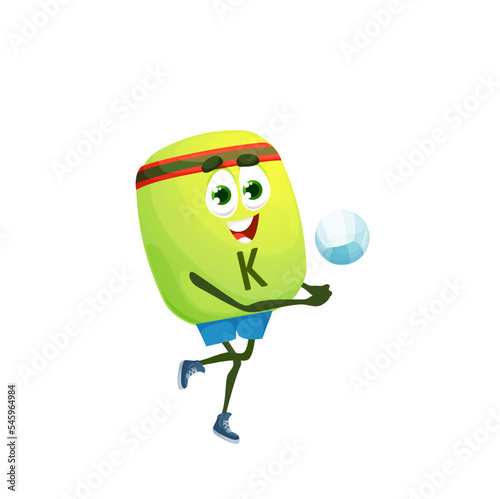 Cartoon potassium kalium volleyball player character. Isolated vector funny bubble pill hits a ball. K nutrient sportsman personage playing volleyball and having fun