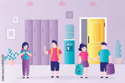 Cute children after lessons communicate, talk. Students in the hallway. School interior with furniture. School campus. Various schoolboys and schoolgirls, teenagers.