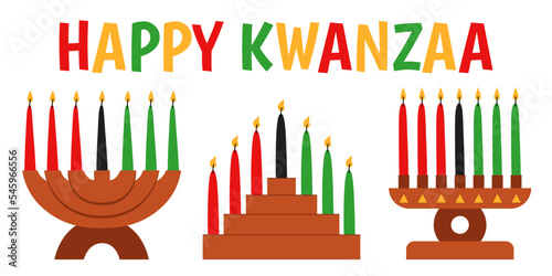 Seven candles in kinara. Vector illustration of Happy Kwanzaa. Holiday african symbols with lettering on white background.