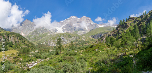 The panorama of peaks Punta Gnifetti or Signalkuppe, Parrotspitze, Ludwigshohe, Piramide Vincent - Valsesia valley. photo