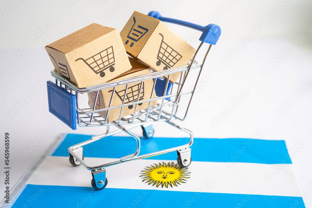 Box with shopping cart logo and Argentina flag, Import Export Shopping online or eCommerce finance delivery service store product shipping, trade, supplier concept.