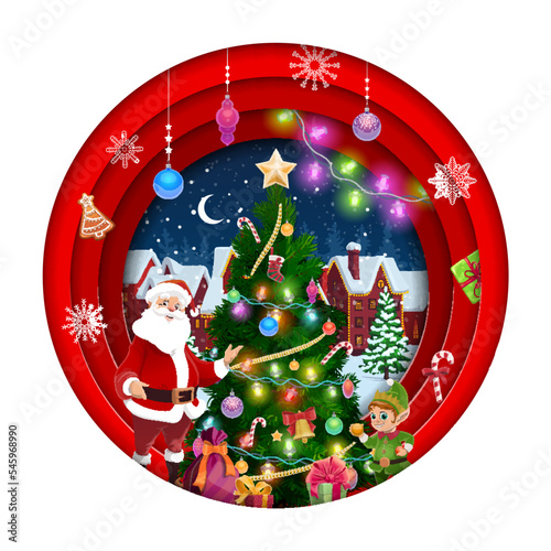 Christmas paper cut santa, holiday tree and snowy town. Vector xmas holiday papercut double exposition design with 3d effect round frame, father noel in red costume and elf in night city with snow