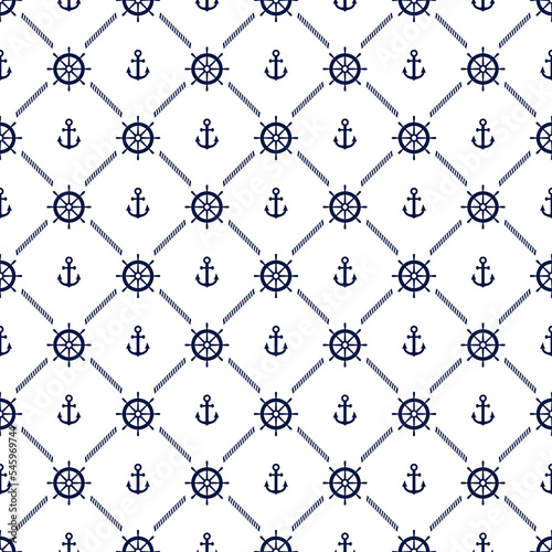 Anchor and helm ship seamless pattern. Blue symbol boat or steering on white background. Repeated marine texture. Repeat maritime design for travel prints. Repeating sea backdrop. Vector illustration