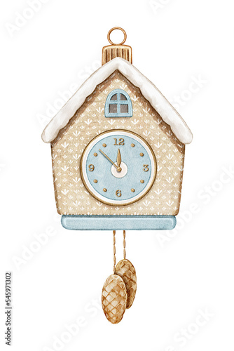 Watercolor vintage cute house clock Christmas tree toy isolated on white background. Hand drawn illustration sketch