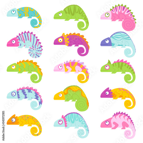 Chameleons flat icons set. Different color of lizards. Jungle and desert animal. Veiled chameleon, cute reptiles. Color isolated illustrations
