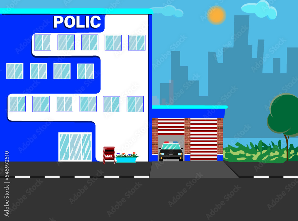 Police station with polic car. Vector illustration isolated on