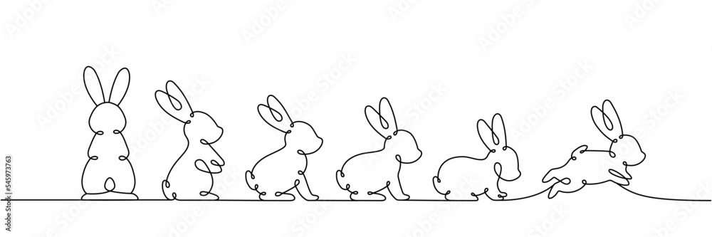Set of Rabbit one line drawing. Year of the Rabbit. Hare one line illustration. Vector illustration.