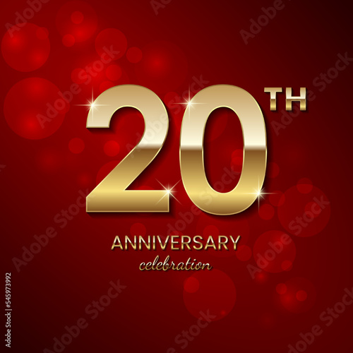 20th Anniversary Celebration. Golden number 20 with sparkling confetti and glitter for celebration events, wedding, invitation, greeting card. Vector illustration