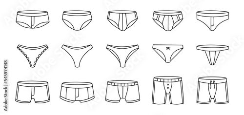 Underpants outline sketch set. Female and male underpants. Personal underclothing apparel. Classic boxers, trunks, bikini, strings, thong.