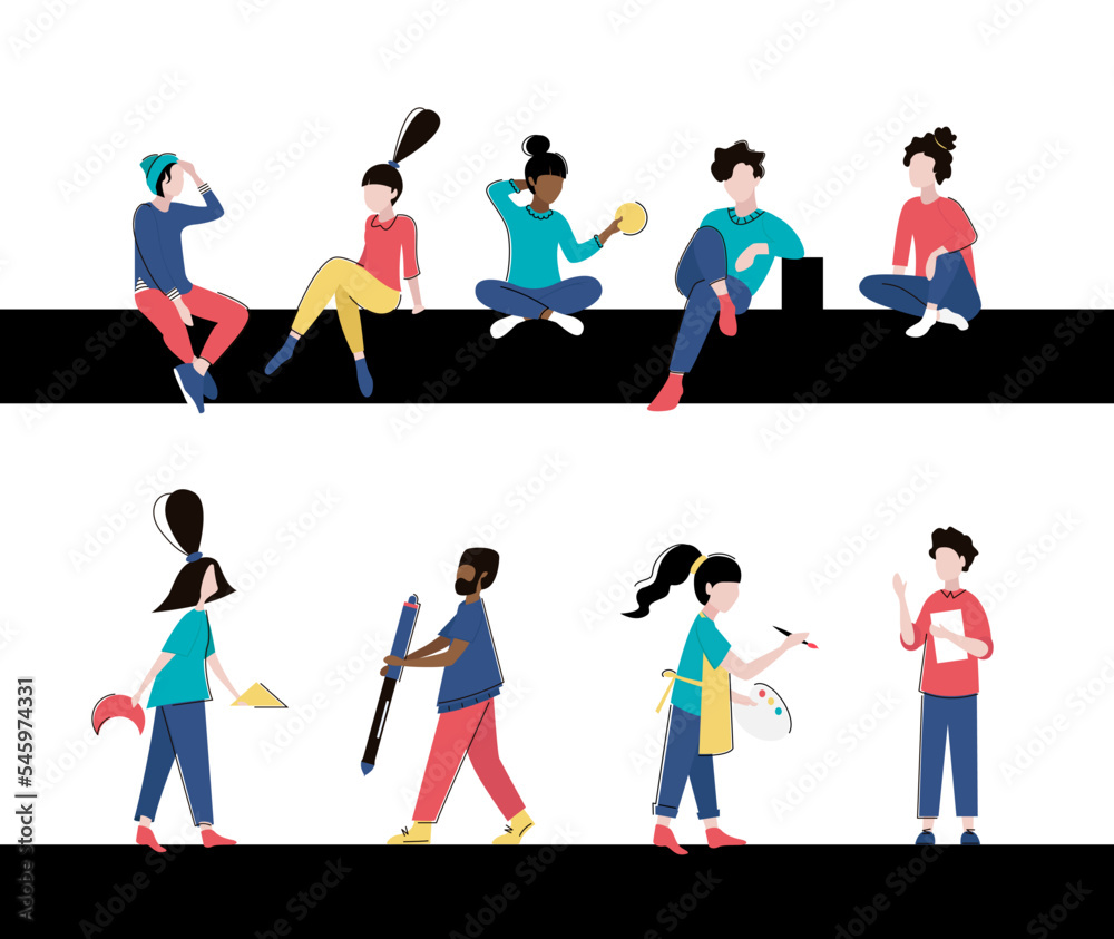 Vector illustration of diverse cartoon men and women of various races. Female male characters standing or sitting together, persons wearing various stylish clothes isolated on white. Teamwork, coopera
