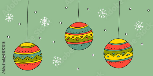 Three balls on the Christmas tree. Christmas tree decorations for New Year and Christmas. Toys. Snowflakes. Holiday. Christmas balls. Doodle. Drawn by hand.