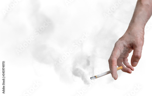 Smoker is holding smoking cigarette in hand. A lot of smoke around. Isolated on transparent background.