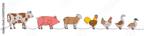 Farm animals colored one line continuous drawing. Cow, Pig, Sheep, Rooster, Chicken, Goose, Duck silhouettes. Farm animals one line illustration.