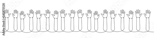 Raised hands one line continuous drawing. Teamwork, collaboration continuous one line illustration. Vector minimalist linear illustration.
