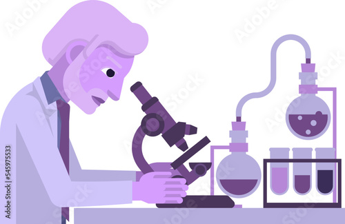 Scientist in lab coat at a work bench undertaking research using a microscope cartoon with test tubes and beakers photo