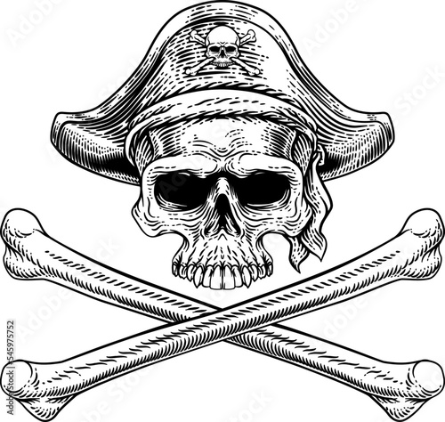 Pirate skull and crossbones skeleton grim reaper mascot in pirates captain hat. Original illustration in a vintage retro woodcut etching style.