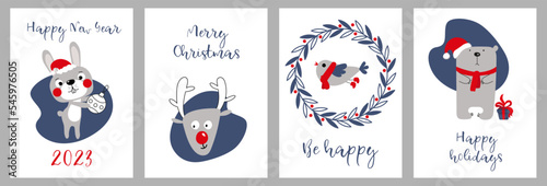 New Year and Christmas illustrations. Winter holiday cards. Minimal design. Greeting cards, gift bags, posters, packaging. Vector drawn characters: rabbit, deer, bird, bear.
