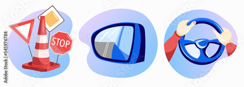 Driving school set. Cars mirror, Hands on the steering wheel, Road sign collection. Traffic laws, Pass the driving exam. Flat vector illustration.