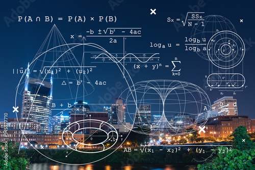 Panoramic view of Broadway district of Nashville over Cumberland River at illuminated night skyline, Tennessee, USA. Education concept. Academic research, top ranking universities, hologram photo