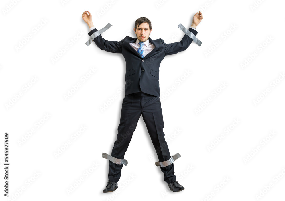 Businessman in suit is taped to the wall with adhesive tape. Isolated on transparent background. Businessman in suit is taped to the wall with adhesive tape. Isolated on transparent background.