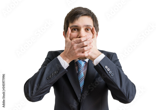 Funny businessman is covering his mouth with hands. Isolated on transparent background.