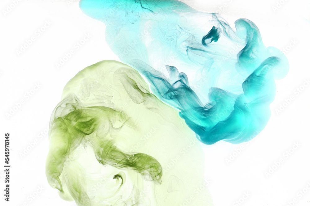Fototapeta premium Blue green ink abstract background. Acrylic paint backdrop for perfume, hookah, cosmetics. Mysterious smoke clouds, colorful fog