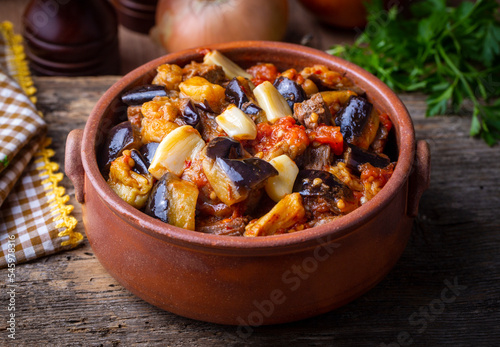 Traditional Turkish cuisine; Meaty Eggplant Dish. Turkish name; patlican guvec or patlican tava