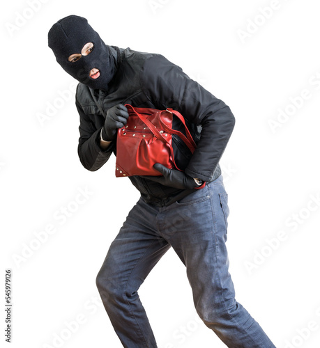 Thief is running with stolen red handbag. Isolated on transparent background.
