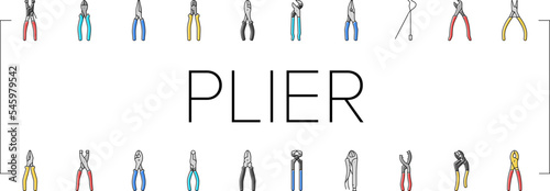 pliers equipment tool repair work icons set vector