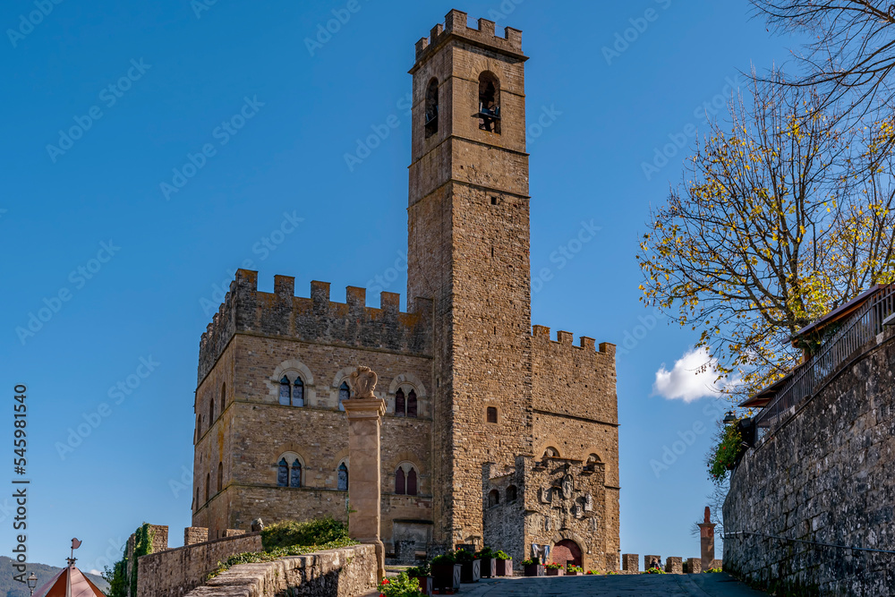 The historic center of Poppi, Arezzo, Italy, dominated by the Conti Guidi castle